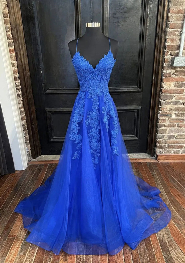 Serene Hill  Arabic Blue A-Line Spaghetti Straps Tulle Prom Dress with Appliqués for Women's Party LA72678