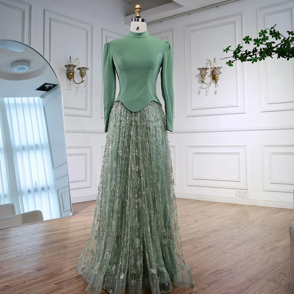 Luxury Sage Green Muslim Beaded Evening Dress LA72805A