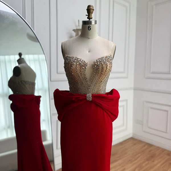 Designer Red Satin Evening Dress with Bow LA73060