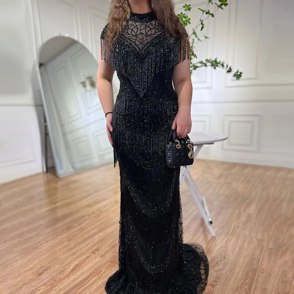 Serene Hill Grey Mermaid Luxury Evening Dresses Gowns Cap Sleeves Beading Tassel Sexy For Women Party 2025 LA70529