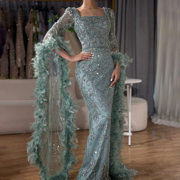 Luxury Dubai  Flared Sleeves Mermaid Turquoise Beaded Feather Luxury Evening Dresses Gowns for Formal Occasion  LA72767