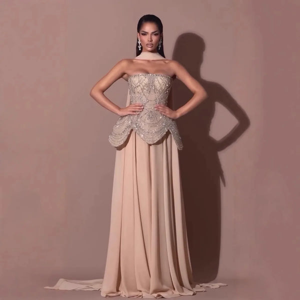 Luxury Designer Nude Beaded Chiffon Evening Dress Wedding LA72915