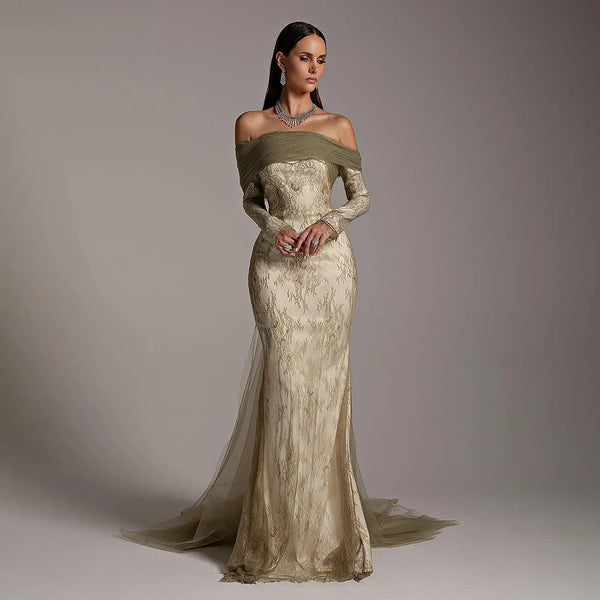 Elegant Olive Green Evening Dress with Lace Sleeves LA72942