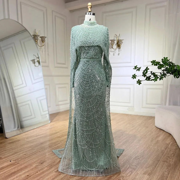 Luxury  Muslim  Cape Dubai Arabia Evening Dresses Nude Mermaid Gowns for Party LA72032m