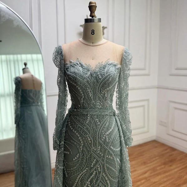 Luxury Sage Green Beaded Evening Dress with Detachable Overskirt LA73066