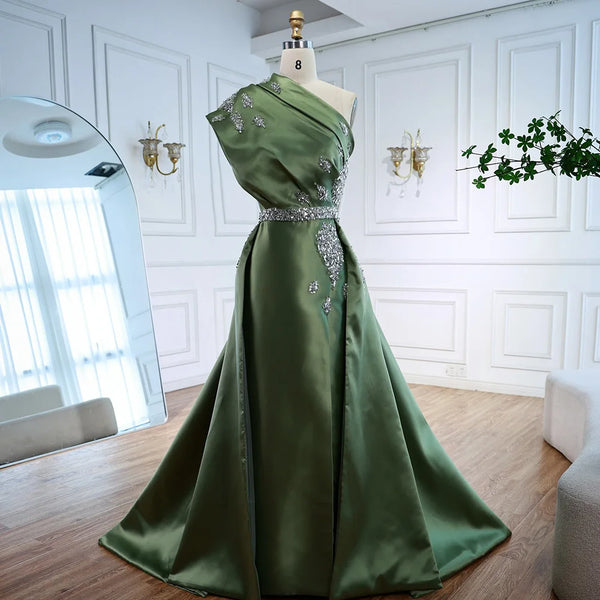 Luxury Dark Green Satin Beaded One Shoulder Evening Dress LA72845