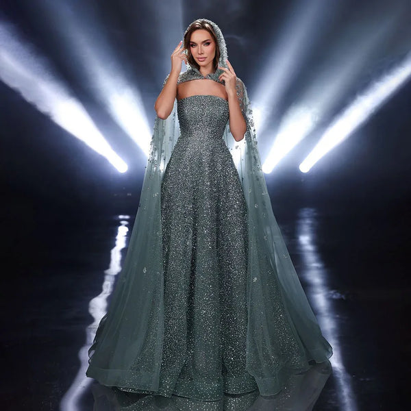 Luxury Dubai  Saudi Arabic Turquoise Evening Gown with Beaded Dress and Elegant Hooded Cape for Formal Occasion LA72659A