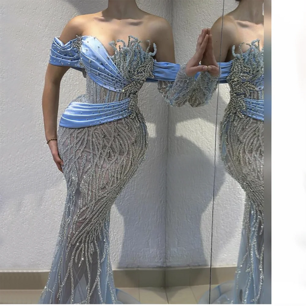 Serene Hill 2025 Arab Blue Boat Neck Mermaid Long Evening Dress - Elegant Gown with Beaded for Women's Party LA72369