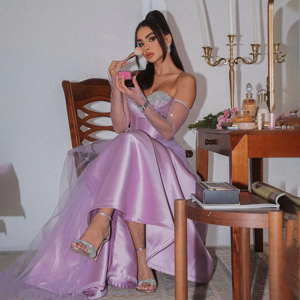 Serene Hill 2025 Arabia Purple A-Line With Gloves Luxury Beaded Evening Gown Satin Women's Wedding Party LA72436