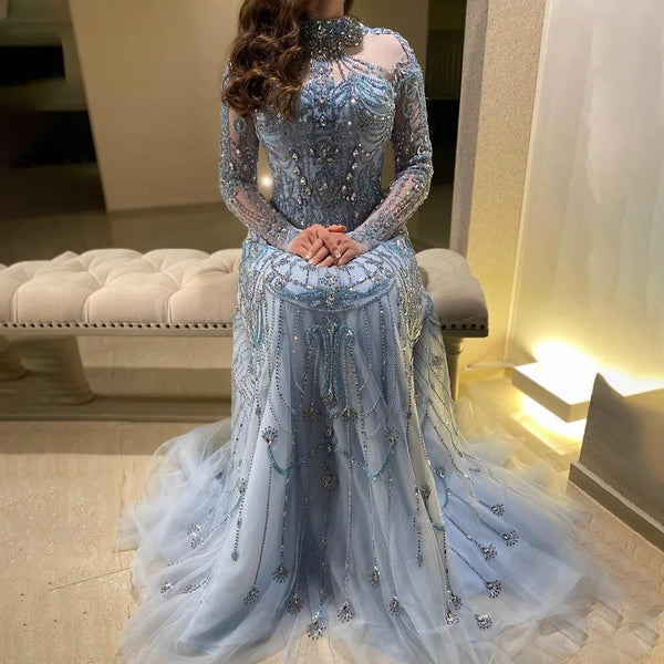 Serene Hill  Arabic A-Line Blue Lace Beaded Luxury Evening Gowns for Women's Party Dubai LA72704