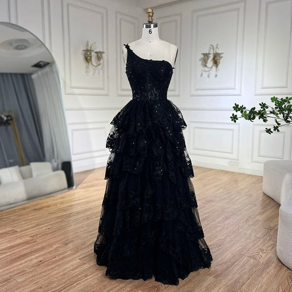 Serene Hill 2025 Arabic Black Elegant One-Shoulder Tiered A-Line Lace Luxury Prom Dress for Women's Party LA72632