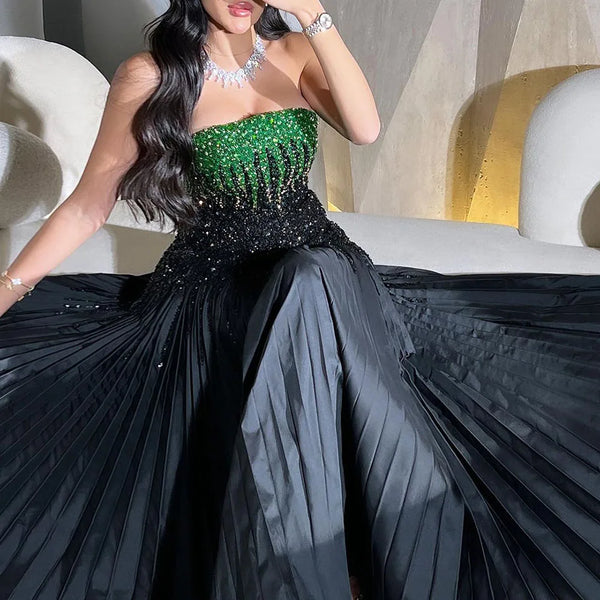 Luxury Beaded Black Green Strapless Dubai Evening Dress for Party LA72406