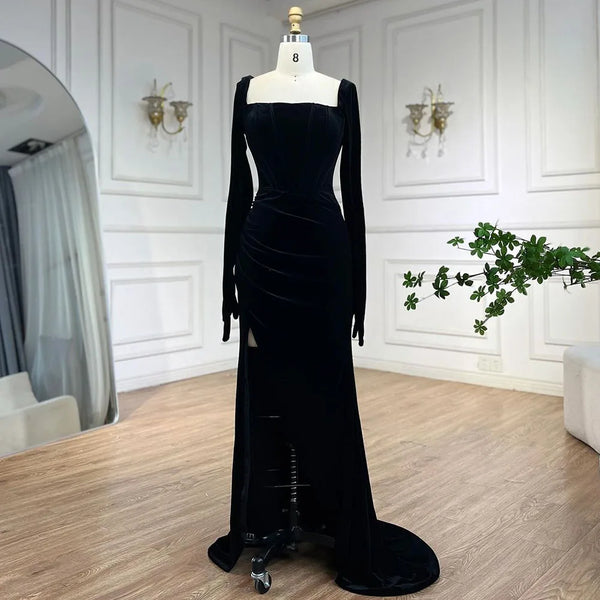 Serene Hill 2025 Arabic Black Velvet With Gloves Mermaid Luxury Dubai Evening Dresses Gowns for Women Wedding Party LA72530