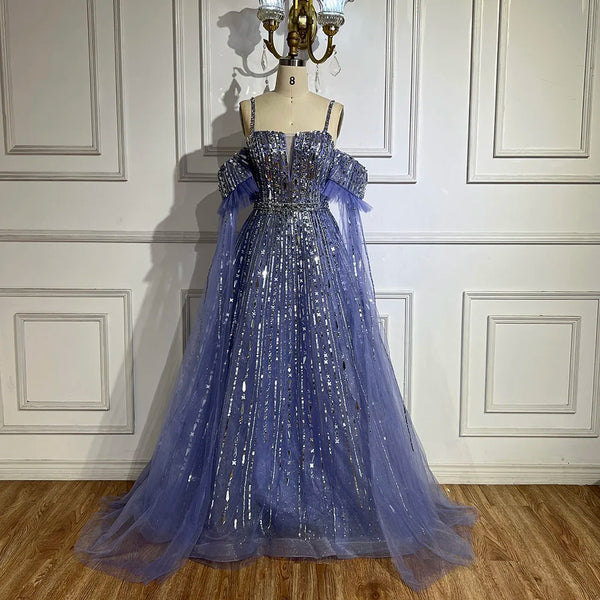 Serene Hill 2025 Arabic Blue A-Line Elegant Beaded Luxury Evening Gowns for Women with Detachable Cape Sleeves Party LA72638
