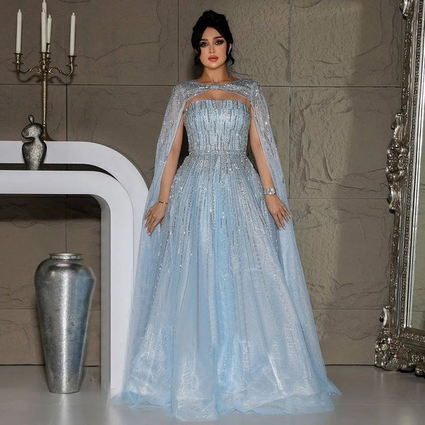 Serene Hill 2025 Arabic Blue Cape Sleeves A-Line Beaded Evening Dresses Long Celebrity Gowns for Women Wedding Party LA72427