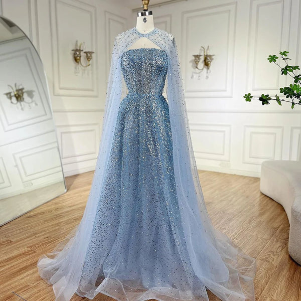 Serene Hill 2024 Arabic Blue Luxury Dubai Evening Gown A-Line Elegant Cape Sleeves Beaded Dress for Women's Party LA72659 Plush Size