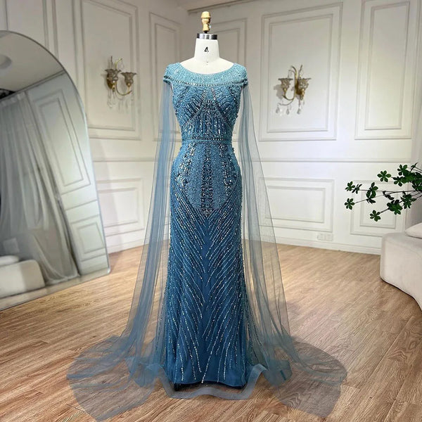 Serene Hill 2025 Arabic Blue Mermaid Elegant Cape Sleeves Beaded Luxury Evening Dresses Gowns for Women Wedding Party LA72423