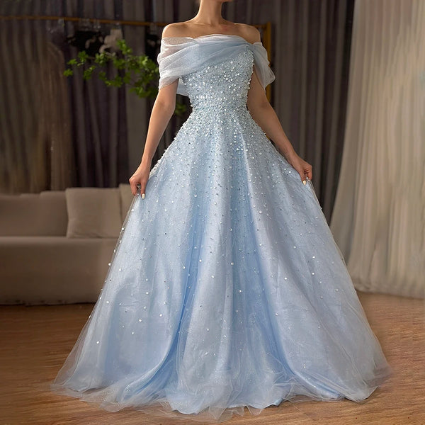 Luxury Dubai  Arabic Blue Off The Shoulder Beaded Elegant A-Line Long Evening Dresses Gowns for Formal Occasion LA72009A