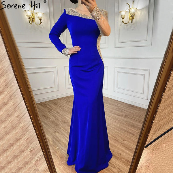 Serene Hill 2025 Arabic Blue Satin Mermaid White Evening Gowns Elegant Beaded for Women Wedding Party LA71152