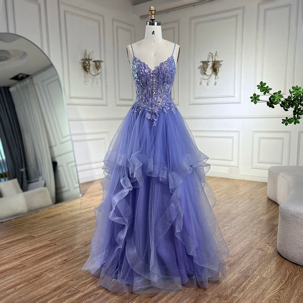 Serene Hill 2025 Arabic Blue Spaghetti Strap A-Line Tiered Lace Appliques Luxury Evening Dress for Women's Party LA72617