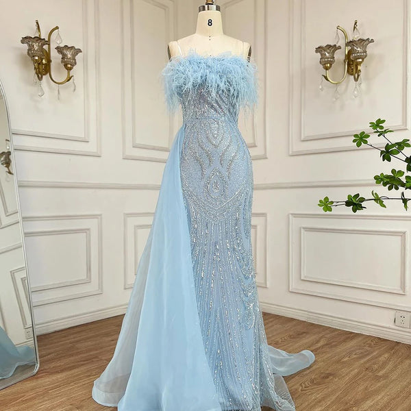 Serene Hill 2025 Arabic Blue Mermaid Evening Gown with Overskirt Feathers Beaded Dress for Women's Party LA72658