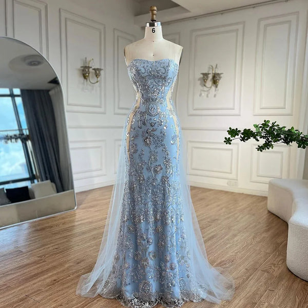 Serene Hill 2025 Arabic Blue Mermaid Luxury Evening Gown with Tulle Overskirt Beaded Dress for Women's Party LA72639