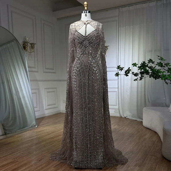 Serene Hill 2025 Arabic Caramel Mermaid Long Cloak Beaded Dubai Luxury Evening Dresses Gowns for Women Wedding Party LA72053B