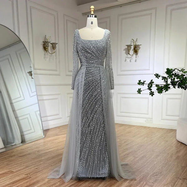 Serene Hill 2025 Arabic Dubai Silver Gray Mermaid Detachable Skirt Beaded Luxury Evening Dresses Gowns for Women Party LA71618L