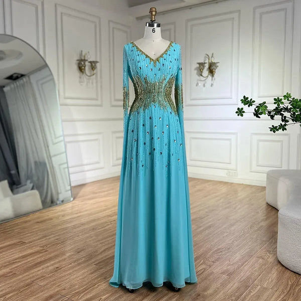 Serene Hill 2025 Arabic Elegant Blue Cape Sleeves Beaded Mermaid Evening Gown for Women's Wedding Party LA72609