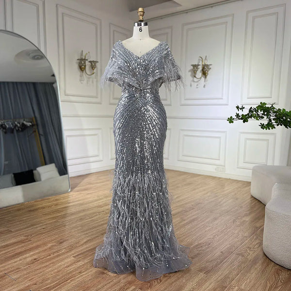Dubai Gray Feathers Mermaid Evening Dresses LA71323A