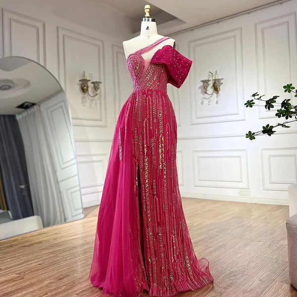 Serene Hill  Arabic Fuchsia One Shoulder Blue Beaded Luxury Dubai Evening Gowns with Side Skirt for Women's Party LA72664