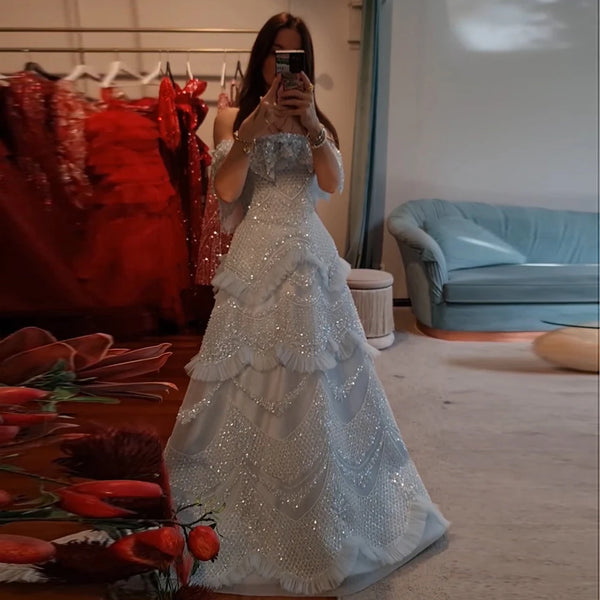 Luxury Dubai  Arabic Gray A-Line Off-The-Shoulder Beaded Luxury Saudi Evening Gown for Formal Occasion LA72762