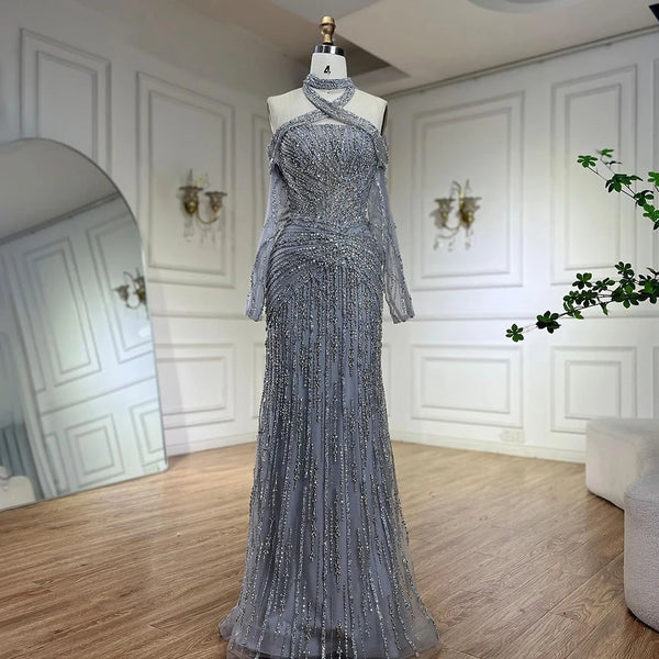 Serene Hill 2025 Arabic Gray Decorative Halter Mermaid Luxury Dubai Evening Gown Beaded Dress for Women's Party LA72651