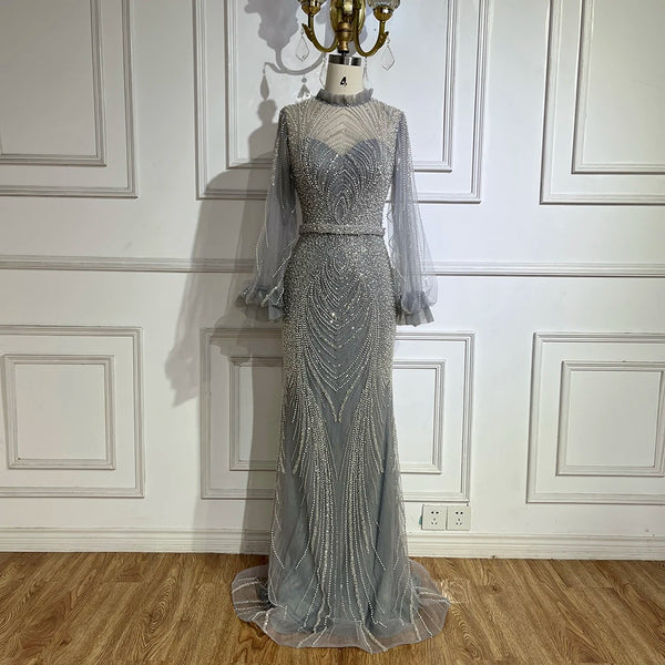 Muslim Gray High Neck Mermaid Evening Gowns with Long Sleeves for Women Party LA71690A