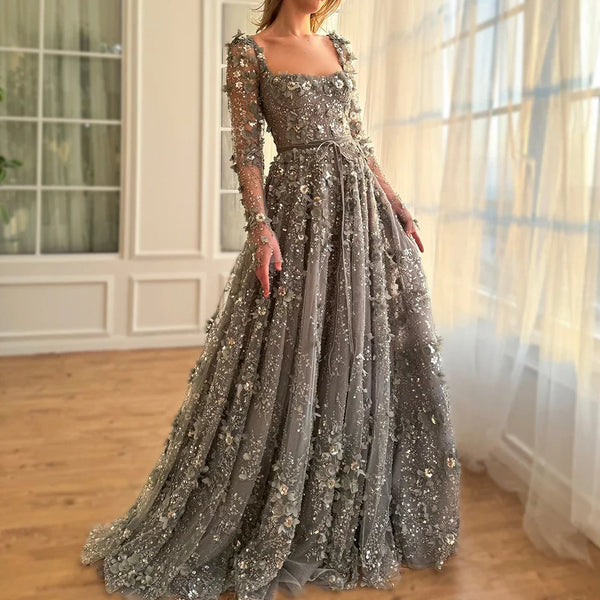 Luxury Arabic Gray A Line Elegant  3D Flower Evening Dress Long Sleeve LA72657