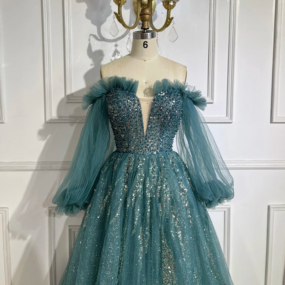2025 Arabic Blue A-Line Elegant Beaded Luxury Evening Gowns for Women with Detachable Cape Sleeves Party LA72638