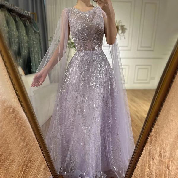 Luxury Dubai  Arabic Lilac Elegant A-Line Beaded Long Evening Dresses Gowns with Cape Sleeves for Formal Occasion LA72744