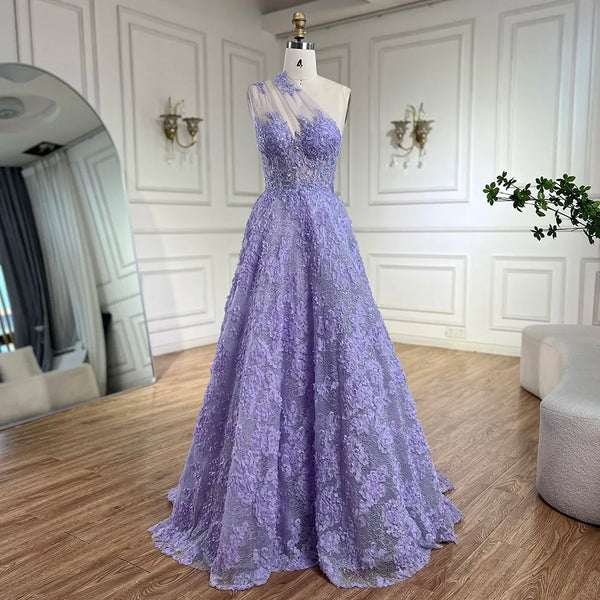 Serene Hill 2025 Arabic Lilac One-Shoulder A-Line Lace Appliques Luxury Prom Dress for Formal Occasion LA72619