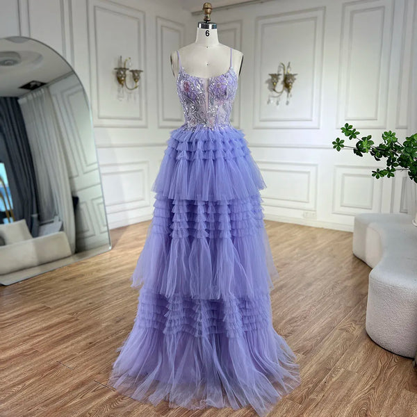 Serene Hill 2025 Arabic Lilac Spaghetti Strap Tiered A-Line Lace Appliques Luxury Evening Gown for Women's Party LA72618