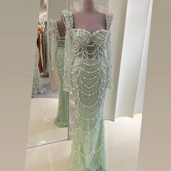 Serene Hill  Arabic Sage Green Sweetheart Mermaid Pearls Beaded Luxury Dubai Evening Gown for Women's Party LA72660