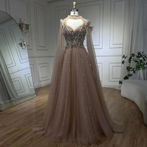 Serene Hill 2025 Arabic Nude A Line Elegant Cape Sleeves Beaded Luxury Evening Dresses Gowns for Women Wedding Party LA72384