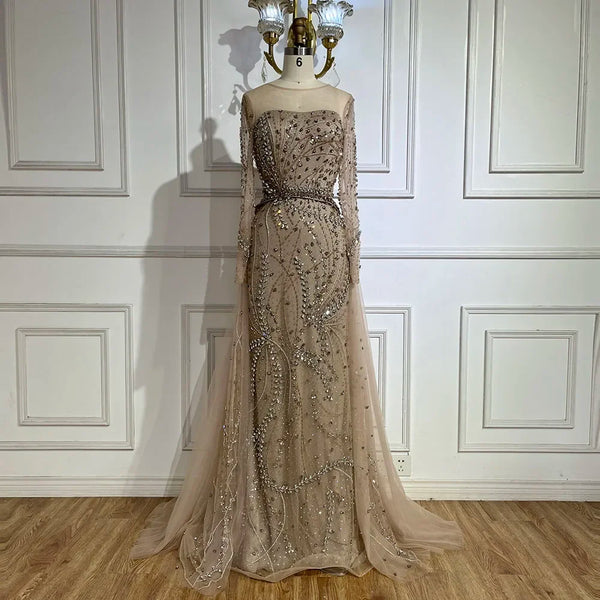 Serene Hill 2025 Arabic Nude Elegant Mermaid Evening Gowns with Beaded Skirt Lace-Up for Women's Wedding Party LA72375