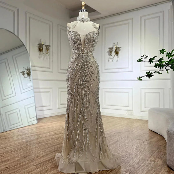 Serene Hill  Arabic Nude Halter Neck Mermaid Pearls Beaded Luxury Dubai Evening Gown for Women's Party LA72696