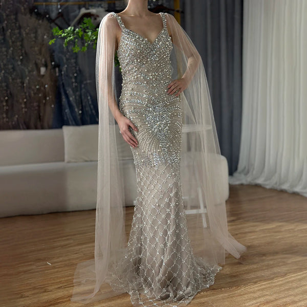 Luxury Dubai  Arabic Nude Mermaid Cape Sleeve Beaded Luxury Saudi Evening Gown for Formal Occasion LA72748