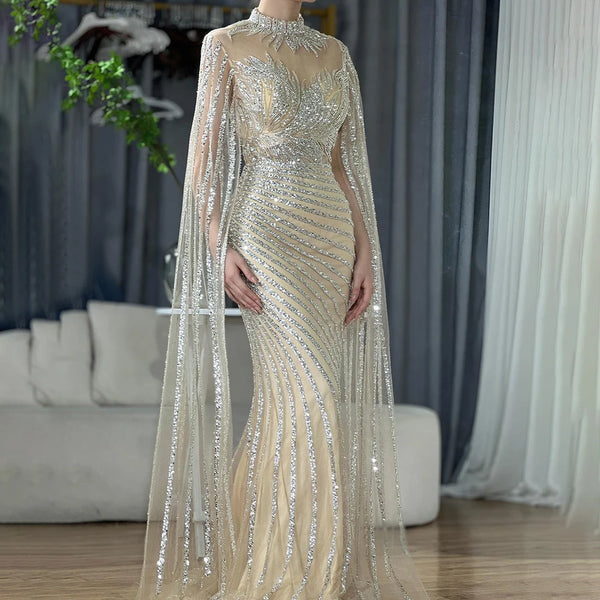 Luxury Dubai  Arabic Nude Mermaid Cape Sleeves Lace Beaded Long Evening Dresses Gowns for Formal Occasion LA71885B