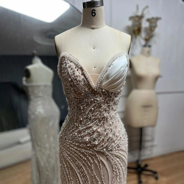 Luxury Dubai  Arabic White Nude Mermaid Gown Pearls Beaded Luxury Saudi Evening Dress for Formal Occasion LA72712