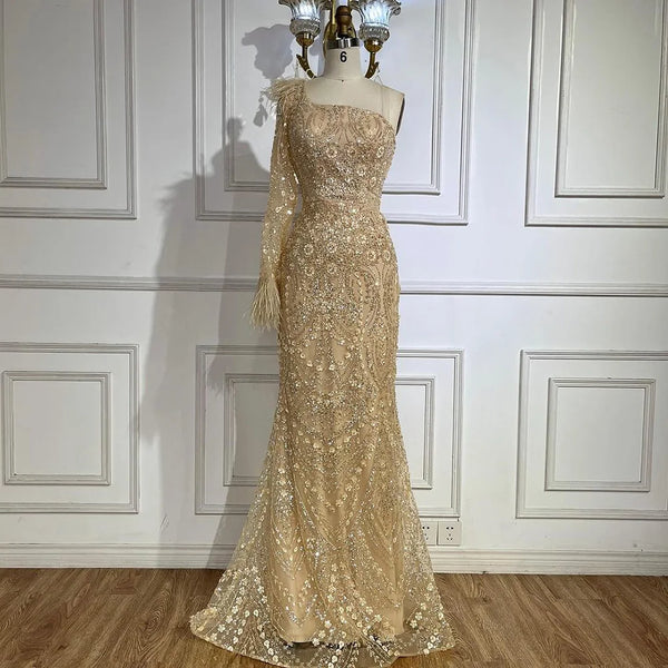 Serene Hill  Arabic Nude One Shoulder Beaded Feathers Luxury Dubai Evening Gowns for Women's Party LA72546A