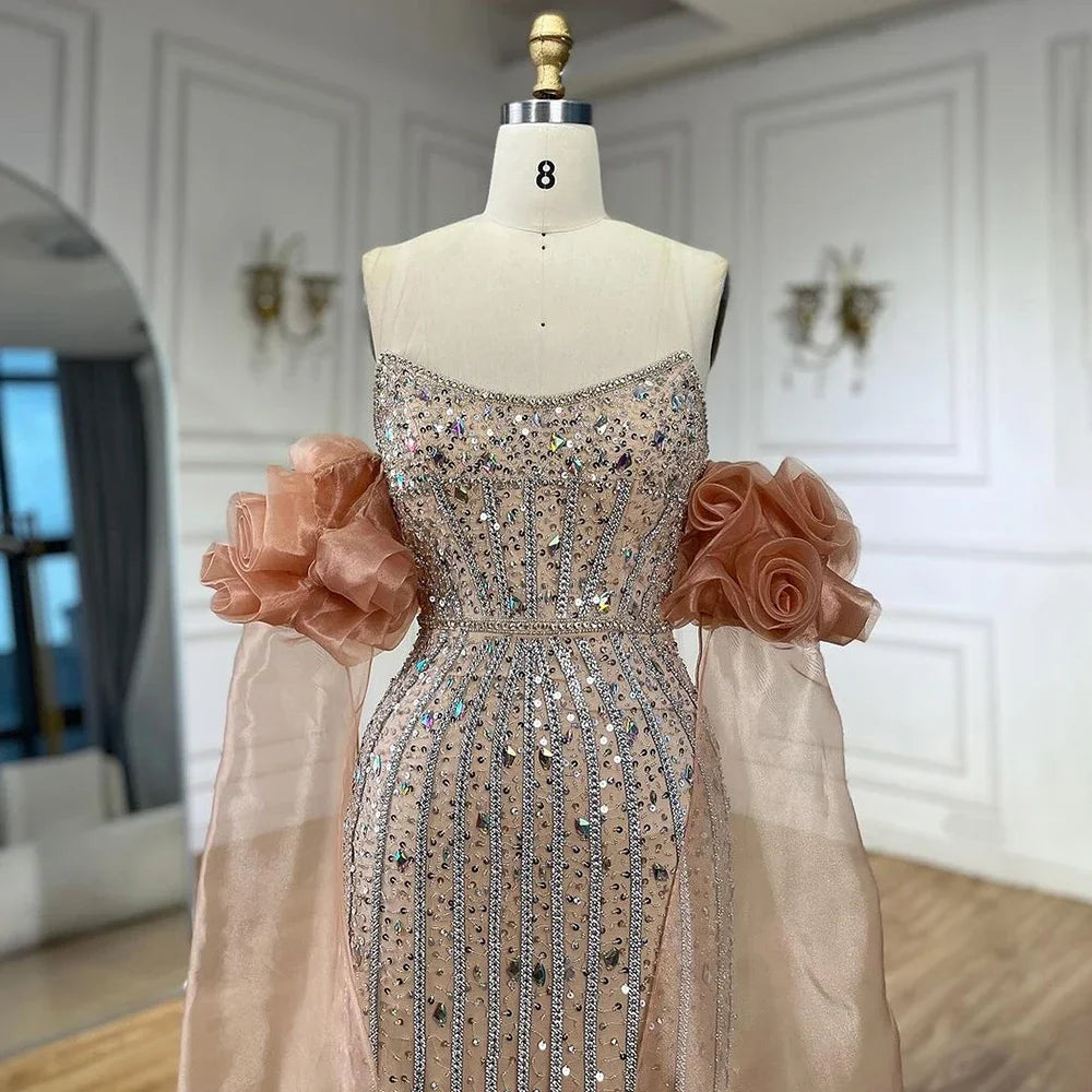Muslim Pink Satin Evening Dresses Gowns 2025 Beaded Elegant Mermaid For Women Party LA71176 main image 1