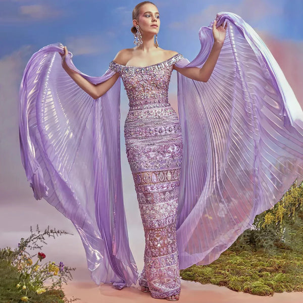 Serene Hill 2025 Arabic Purple Cape Sleeves Mermaid Dubai Beaded Luxury Evening Dresses for Women Wedding Party Gowns LA72175