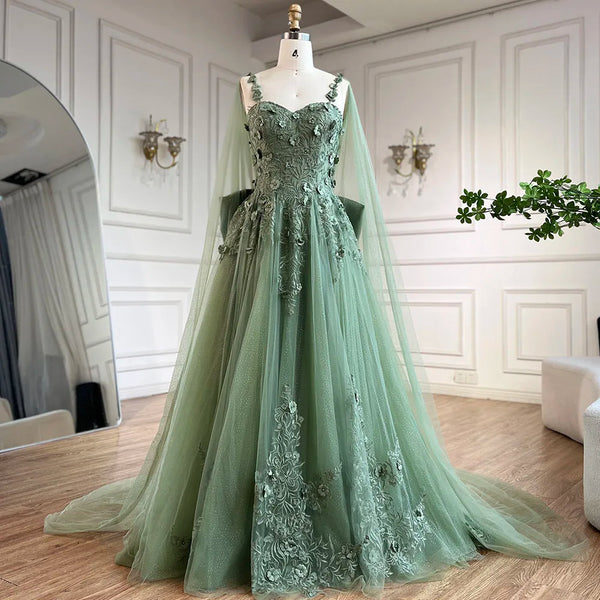 Serene Hill 2025 Arabic Sage Green Spaghetti Strap Lace-Up Bow A-Line Appliques Prom Dress for Women Wedding Party LA72642